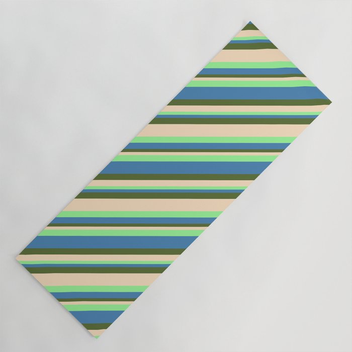 Green, Blue, Dark Olive Green, and Bisque Colored Striped/Lined Pattern Yoga Mat