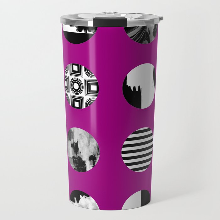 Purple Delight - Black And White Eclectic Random Designs On A Purple Background Travel Mug