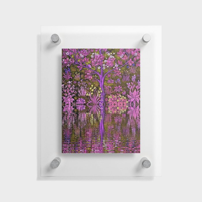 Tree of Life reflecting water of garden lily pond twilight amethyst purple nature landscape painting Floating Acrylic Print