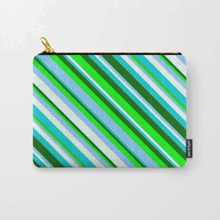 Lime, Light Sky Blue, Mint Cream, Dark Turquoise & Dark Green Colored Lines/Stripes Pattern Carry-All Pouch