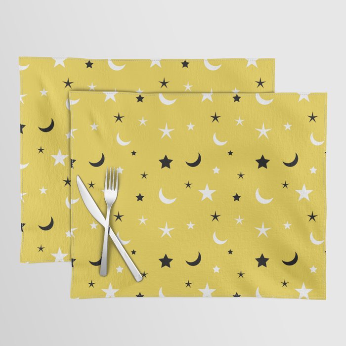 Yellow background with black and white moon and star pattern Placemat