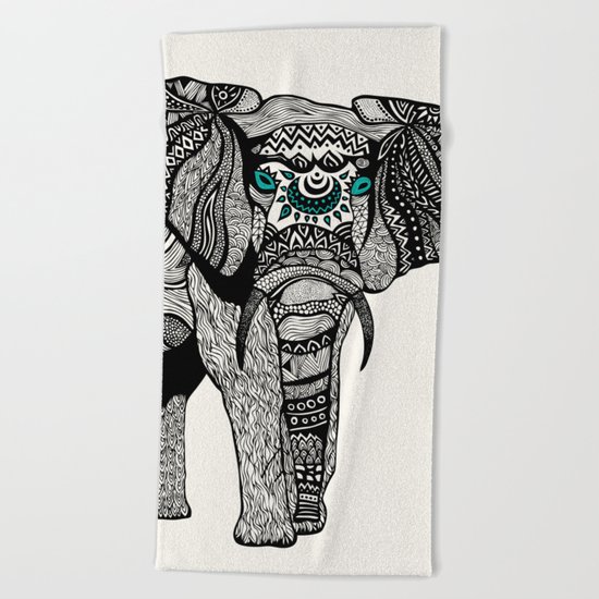 Tribal Elephant Black and White Version Beach Towel