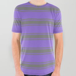[ Thumbnail: Purple & Grey Colored Lined Pattern All Over Graphic Tee ]