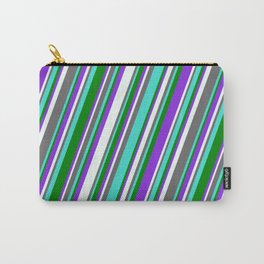 [ Thumbnail: Dim Grey, Turquoise, Green, Purple & Mint Cream Colored Lined Pattern Carry-All Pouch ]