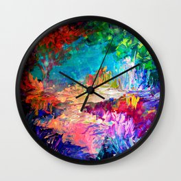 WELCOME TO UTOPIA Bold Rainbow Multicolor Abstract Painting Forest Nature Whimsical Fantasy Fine Art Wall Clock