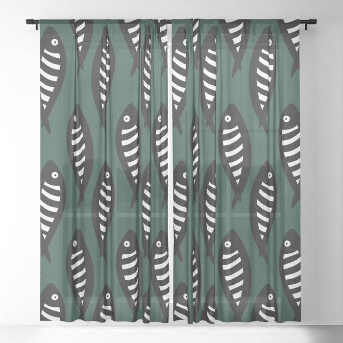 Abstract black and white fish pattern Pine green Sheer Curtain