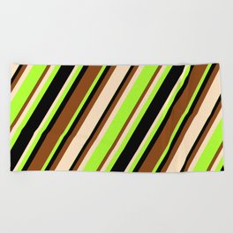 [ Thumbnail: Brown, Bisque, Light Green, and Black Colored Striped Pattern Beach Towel ]