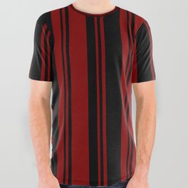 [ Thumbnail: Maroon & Black Colored Striped Pattern All Over Graphic Tee ]