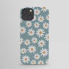 Daisies - daisy floral repeat, daisy flowers, 70s, retro, black, daisy florals dusty blue iPhone Case