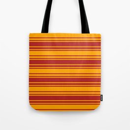 [ Thumbnail: Red & Orange Colored Lined/Striped Pattern Tote Bag ]
