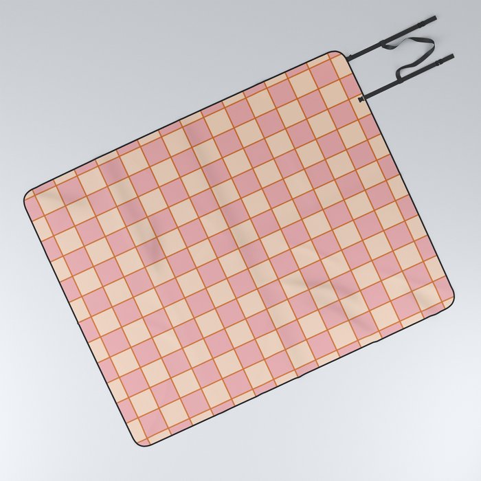 Retro Check Grid Pattern Pink Orange Cream Picnic Blanket
