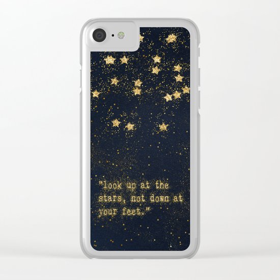 Look up at the stars,not down at your feet- gold glitter effect Typography on dark #Society6 Clear iPhone Case