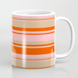 [ Thumbnail: Red, Light Pink, and Tan Colored Lined/Striped Pattern Coffee Mug ]