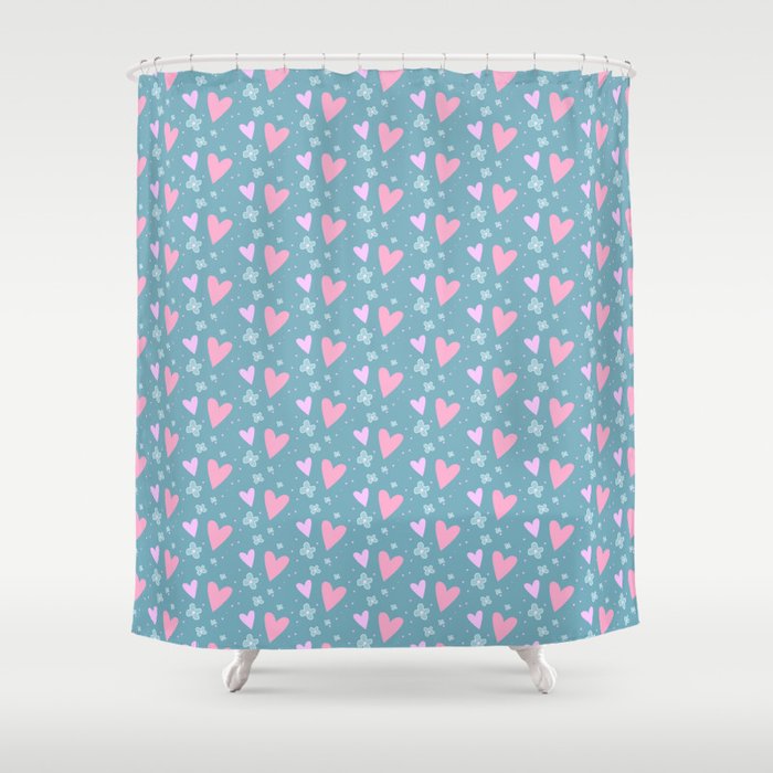 Abstract pink turquoise romantic hearts floral pattern Shower Curtain