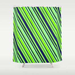 [ Thumbnail: Midnight Blue, Green & Chartreuse Colored Lined/Striped Pattern Shower Curtain ]