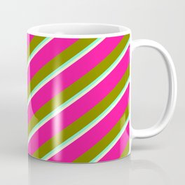 [ Thumbnail: Deep Pink, Green, Aquamarine, and Light Yellow Colored Lined/Striped Pattern Coffee Mug ]