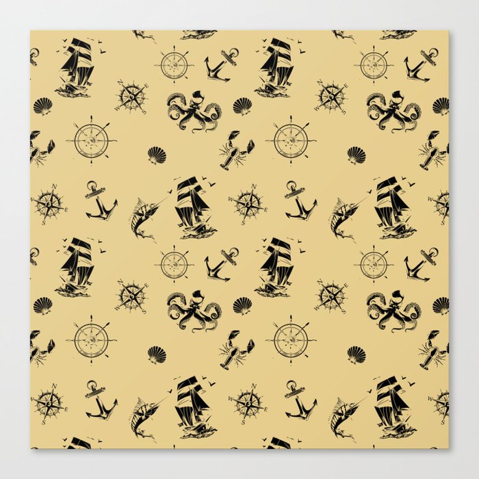 Beige And Black Silhouettes Of Vintage Nautical Pattern Canvas Print