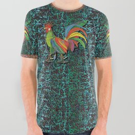 Punky Rooster on Fractal Green Jade All Over Graphic Tee
