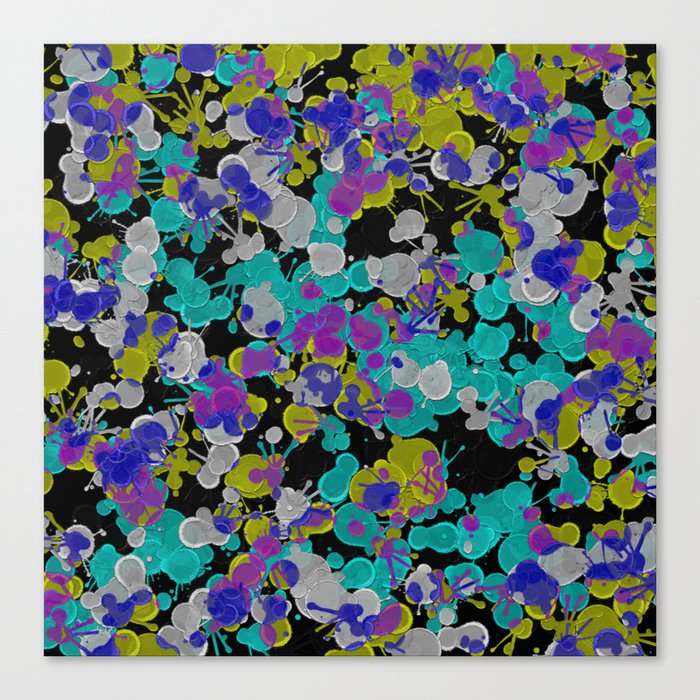 Dark Splatter - Abstract, paint splatter pattern in black, cyan, yellow, white and green Canvas Print