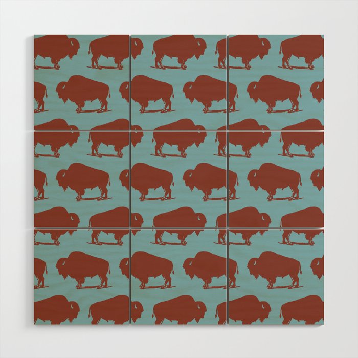 Buffalo Bison Pattern Brown and Blue Wood Wall Art
