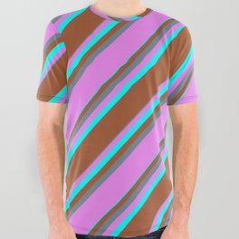 [ Thumbnail: Slate Gray, Violet, Aqua & Sienna Colored Striped/Lined Pattern All Over Graphic Tee ]