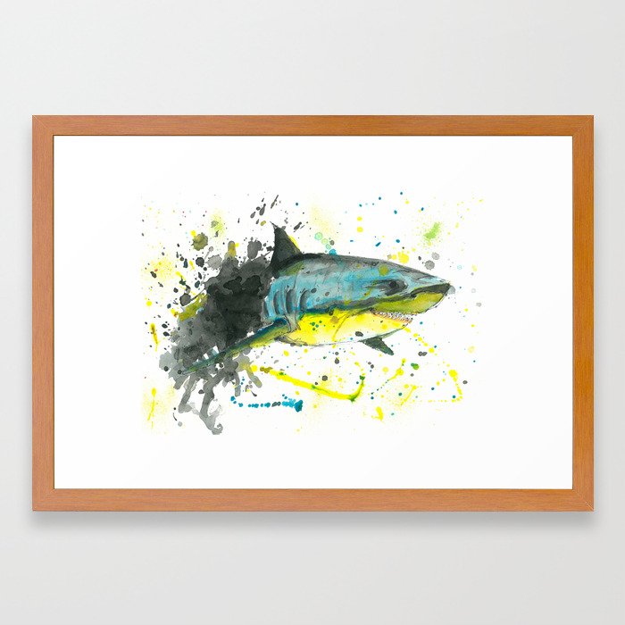 Shark Watercolor Painting Framed Art Print By Elliewatercolorart