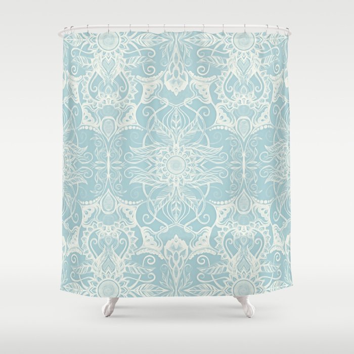 Floral Pattern In Duck Egg Blue Cream Shower Curtain By Micklyn