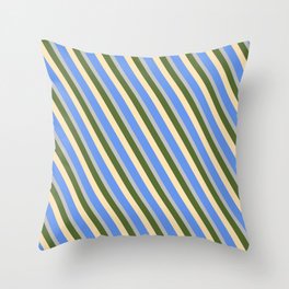 [ Thumbnail: Dark Olive Green, Beige, Cornflower Blue & Grey Colored Lines Pattern Throw Pillow ]