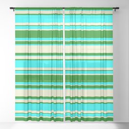 [ Thumbnail: Light Yellow, Green, and Aqua Colored Lined Pattern Sheer Curtain ]
