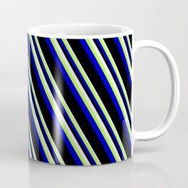 [ Thumbnail: Lavender, Light Green, Blue & Black Colored Pattern of Stripes Coffee Mug ]