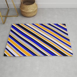 [ Thumbnail: Eye-catching Blue, Grey, Orange, Lavender, and Black Colored Stripes/Lines Pattern Rug ]