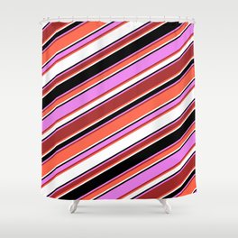 [ Thumbnail: Eye-catching Violet, Brown, Red, White & Black Colored Striped/Lined Pattern Shower Curtain ]