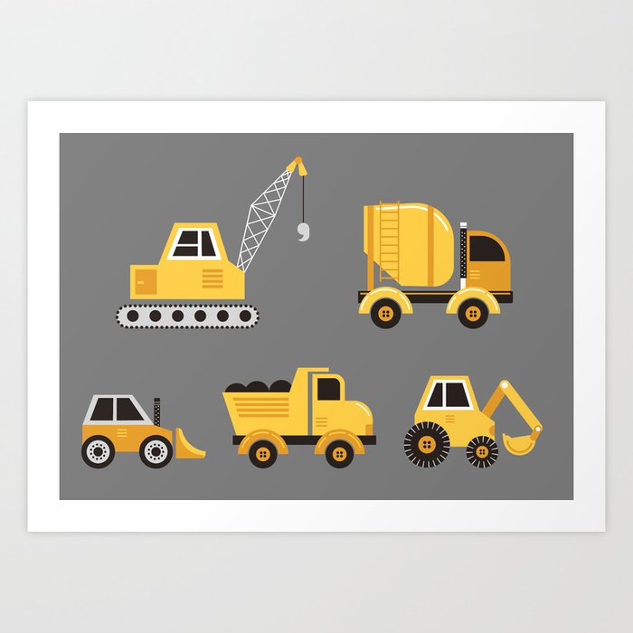Construction Trucks on Gray Art Print