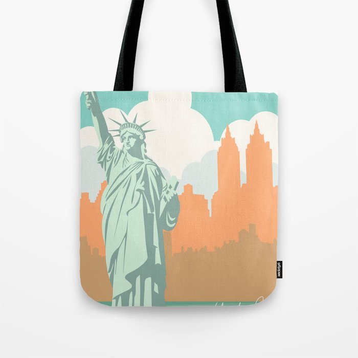 New York City Liberty Statue Twin Towers Peach And Water Green  Tote Bag