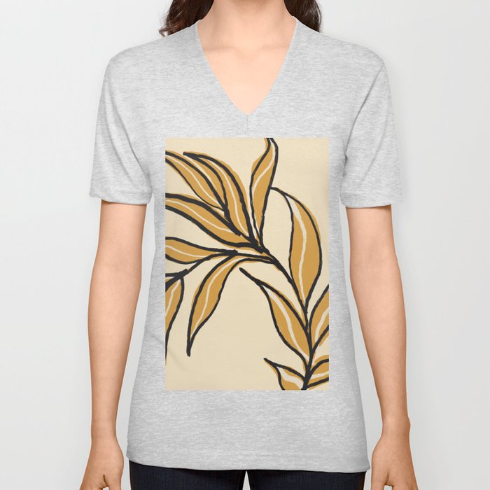Golden Leaves Line Art V Neck T Shirt