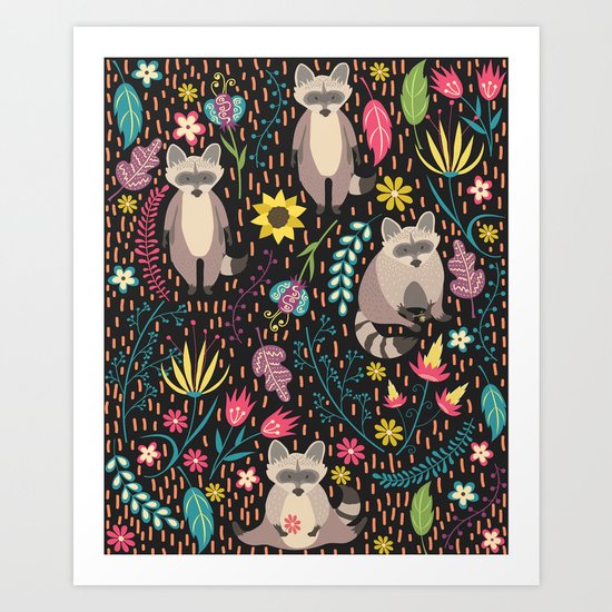 Raccoons bright pattern Art Print