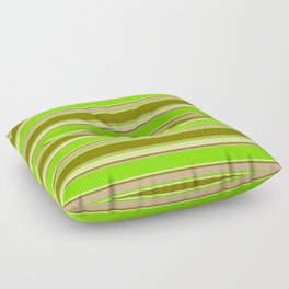 [ Thumbnail: Chartreuse, Pale Goldenrod, Green & Tan Colored Pattern of Stripes Floor Pillow ]