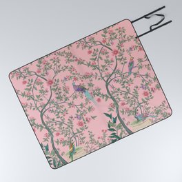 Chinoiserie Pink Fresco Floral Garden Birds Oriental Botanical Picnic Blanket
