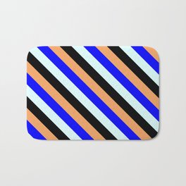 [ Thumbnail: Brown, Blue, Light Cyan & Black Colored Stripes/Lines Pattern Bath Mat ]