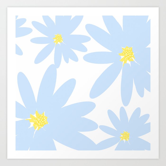 Beautiful Baby Blue Retro Daisy Flowers White Background Summer Mood #decor #society6 #buyart Art Print