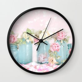 Shabby Chic Aqua Pink Roses Mason Jars Wall Clock