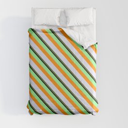 [ Thumbnail: Colorful Green, Dark Orange, Lavender, Dark Olive Green, and Black Colored Lined Pattern Comforter ]