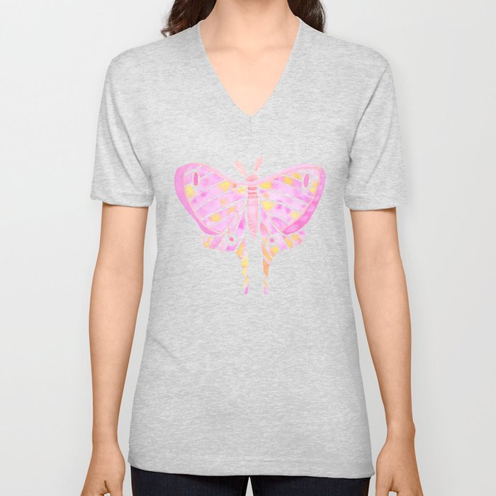 Moth Design- Watercolor Painting-Pink and Yellow V Neck T Shirt