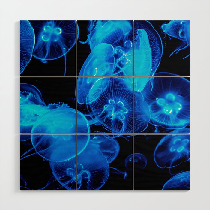 Funky retro decor | Ocean House Warming Gift | Jellyfish Close Up Blue Wood Wall Art