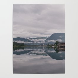 Misty Mountains in Austria | Misty view of Pillerse | Enchanting mountain landscape in Tyrol Poster