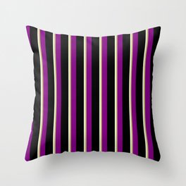 [ Thumbnail: Beige, Dark Khaki, Purple & Black Colored Stripes Pattern Throw Pillow ]