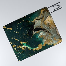 Abstract Pour Painting Liquid Marble Abstract Dark Green Painting Gold Accent Agate Stone Layers Picnic Blanket