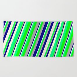 [ Thumbnail: Eyecatching Dark Gray, Dark Blue, Beige, Green & Lime Colored Striped/Lined Pattern Beach Towel ]