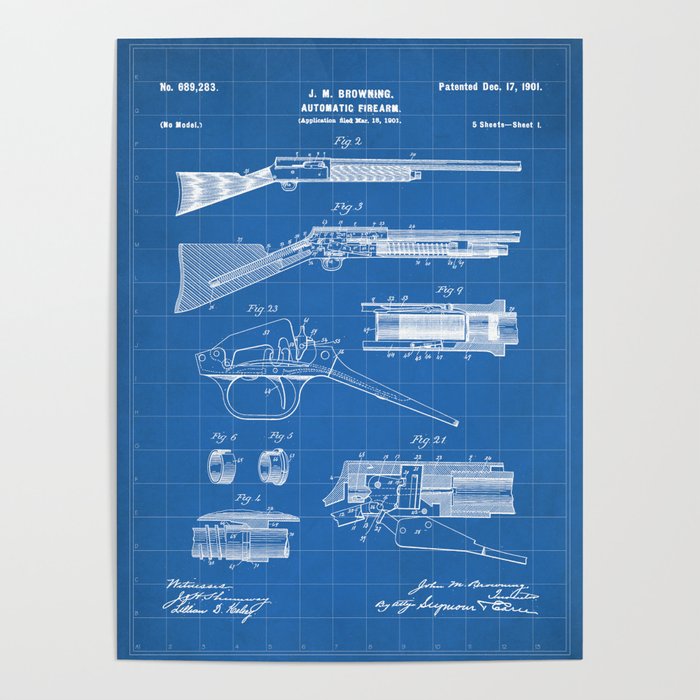 Automatic Rifle Patent - Browning Rifle Art - Blueprint Poster