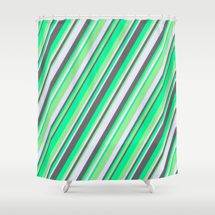 Green, Light Green, Lavender, and Dim Gray Colored Stripes/Lines Pattern Shower Curtain